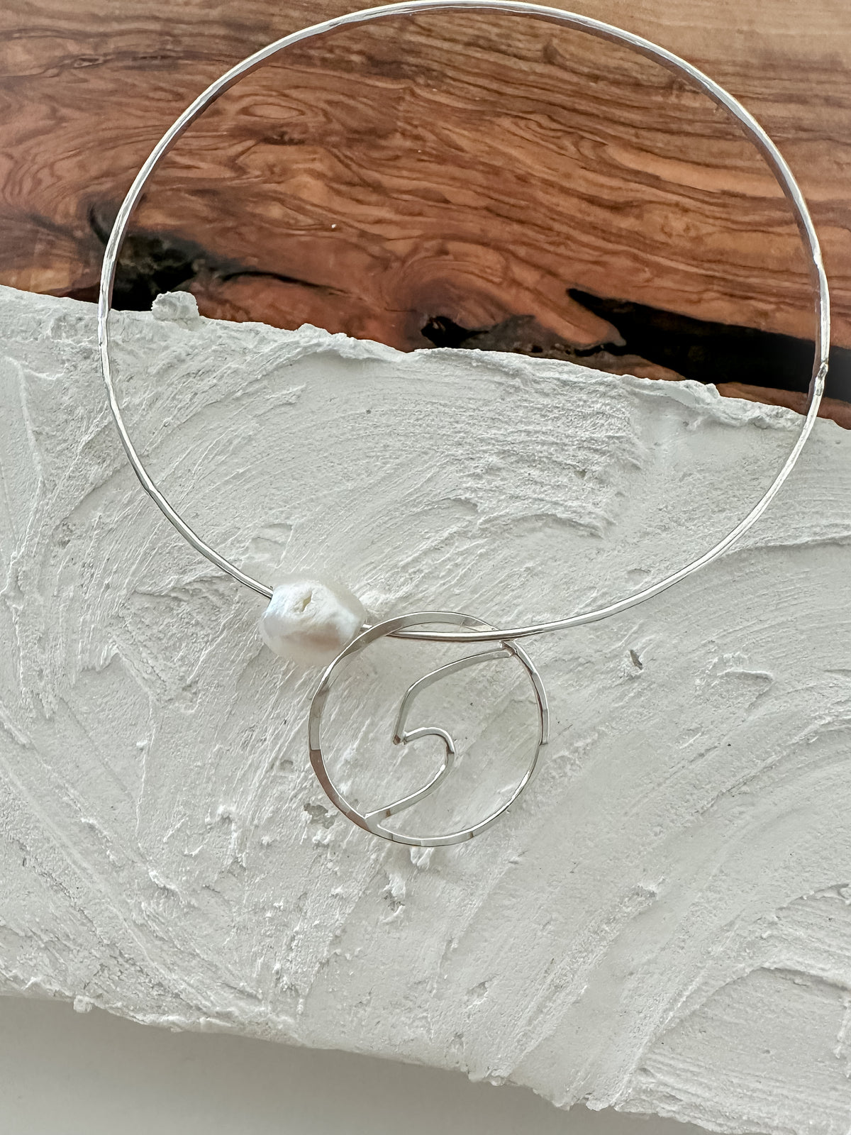 Wave & Pearl Charm Bangle – Gold Filled or Sterling Silver