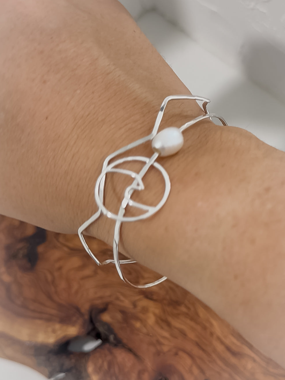 Wave & Pearl Charm Bangle – Gold Filled or Sterling Silver