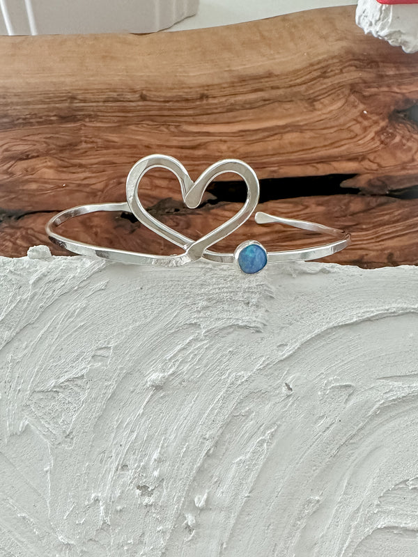 Heart & Opal Bangle – Sterling Silver
