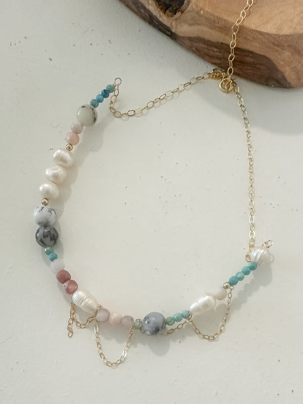 October: Blue Opal & Pearl Necklace — 14k Gold-Filled