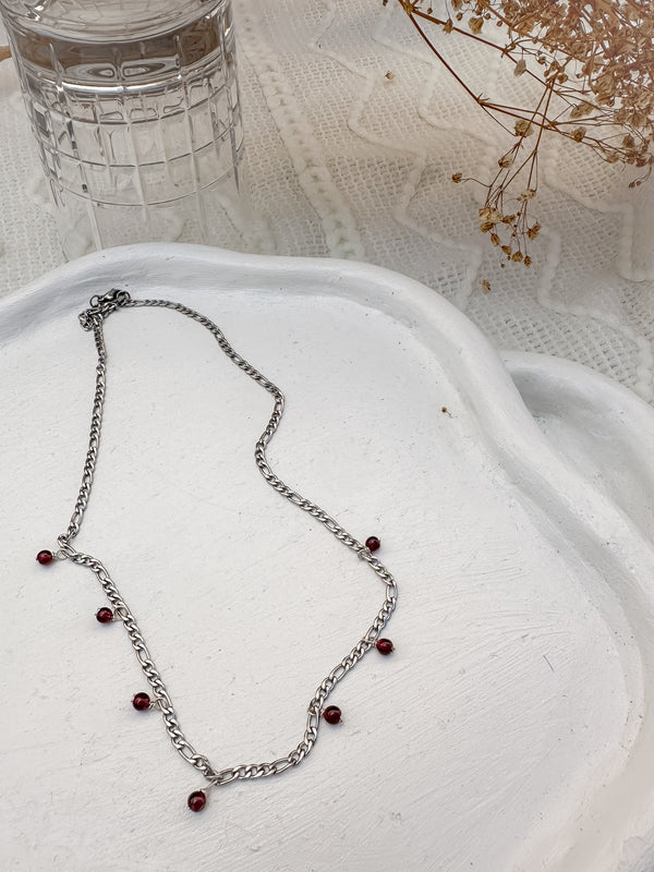 Garnet & Stainless Steel  Necklace