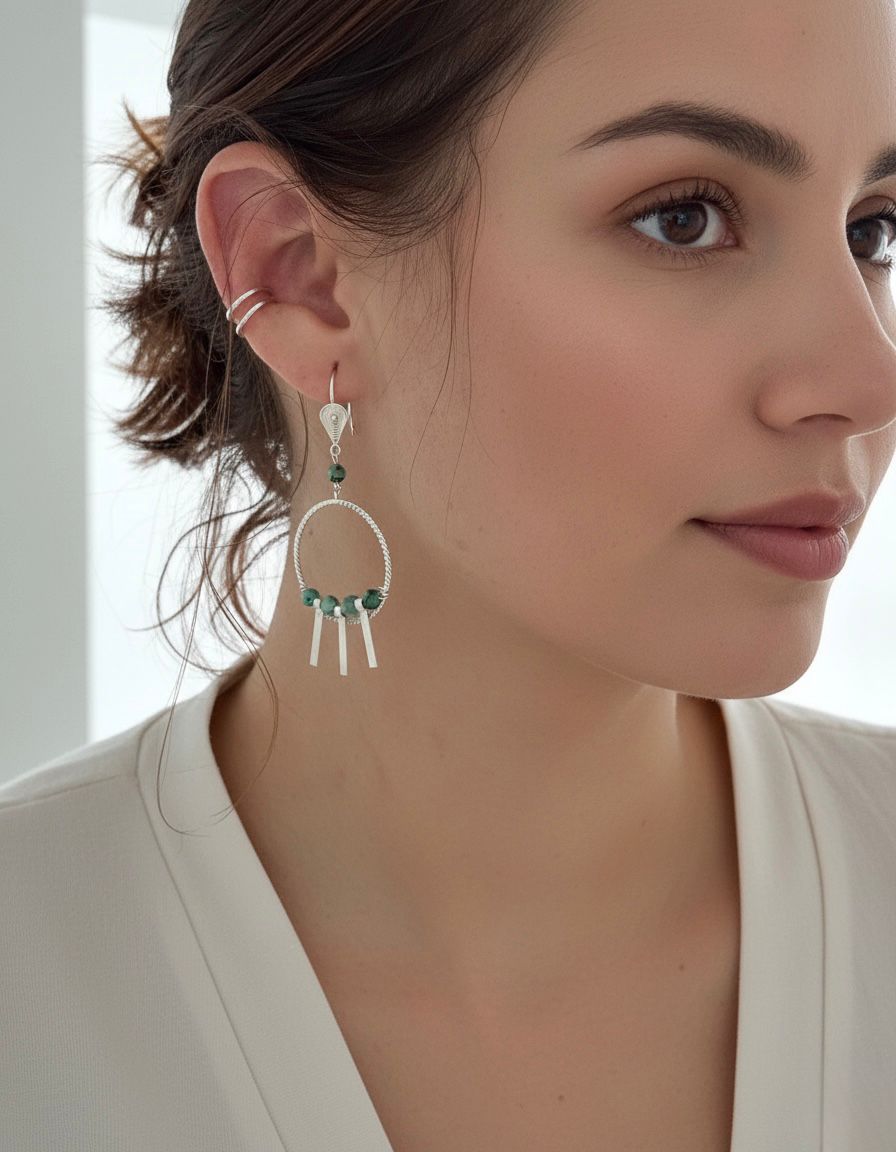 December-🌿 Silver Hoop Earrings with Turquoise Accents