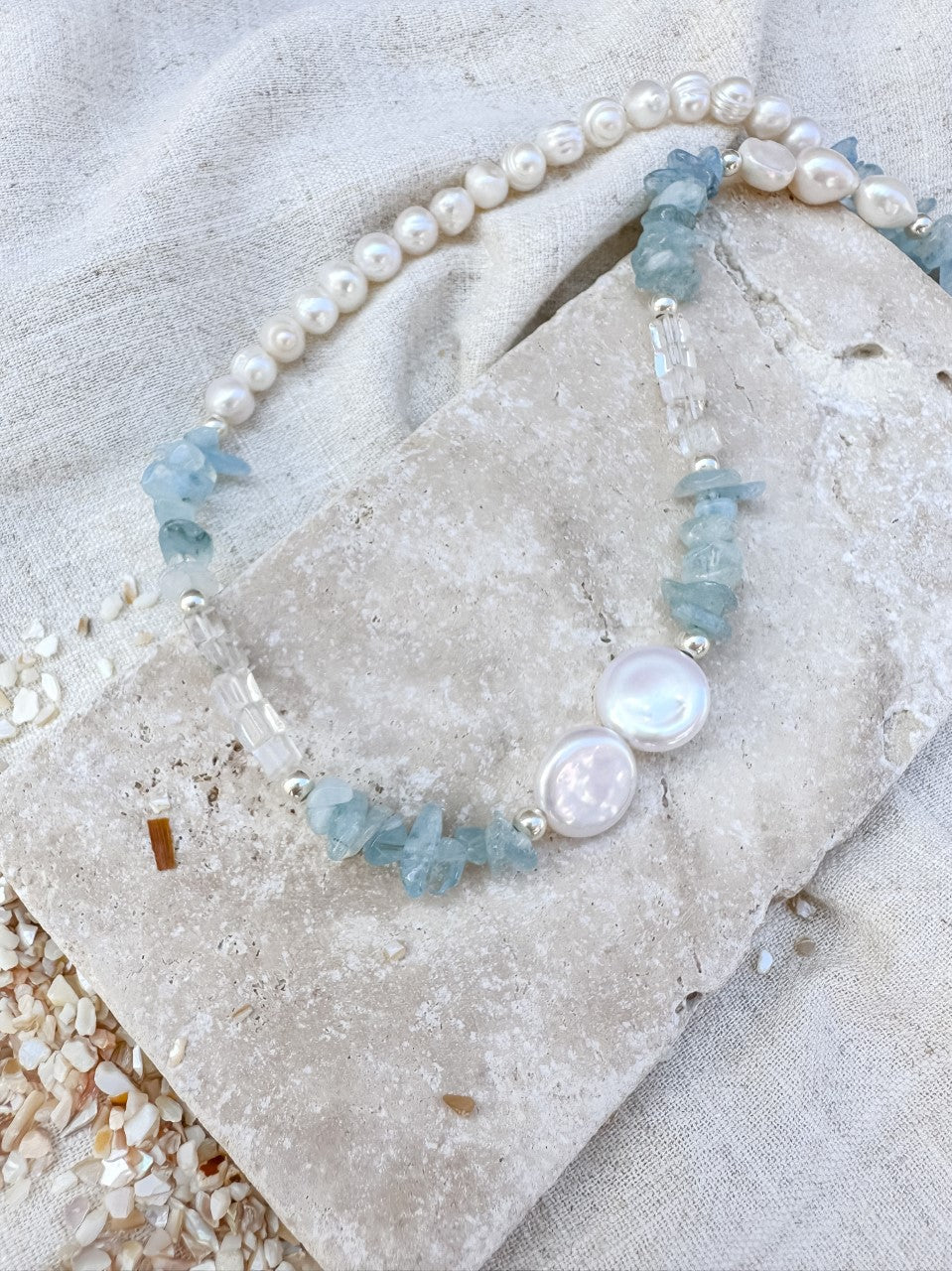Aquamarine + Pearls + Quartz Necklace